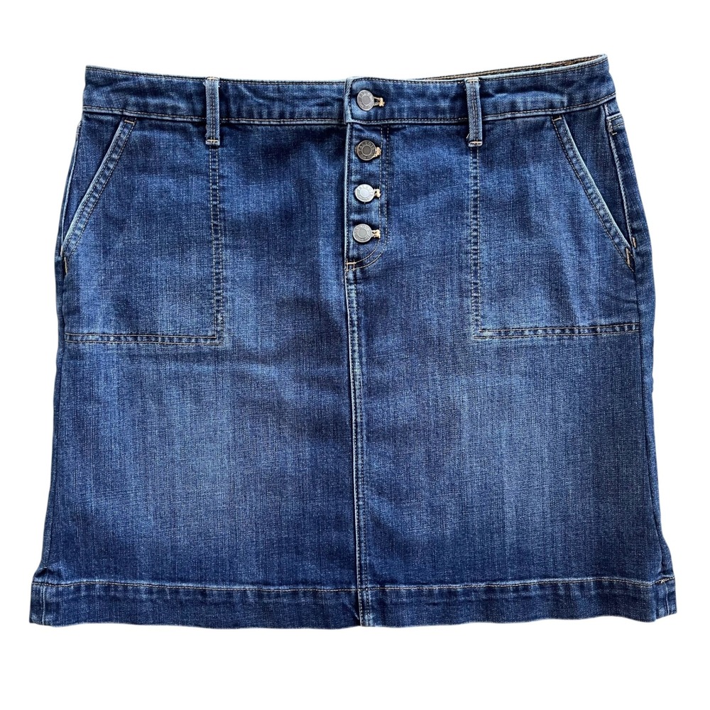 Talbots Petite Womens Size 14P Oyster Wash Dark Blue Denim Button Fly Jean Skirt